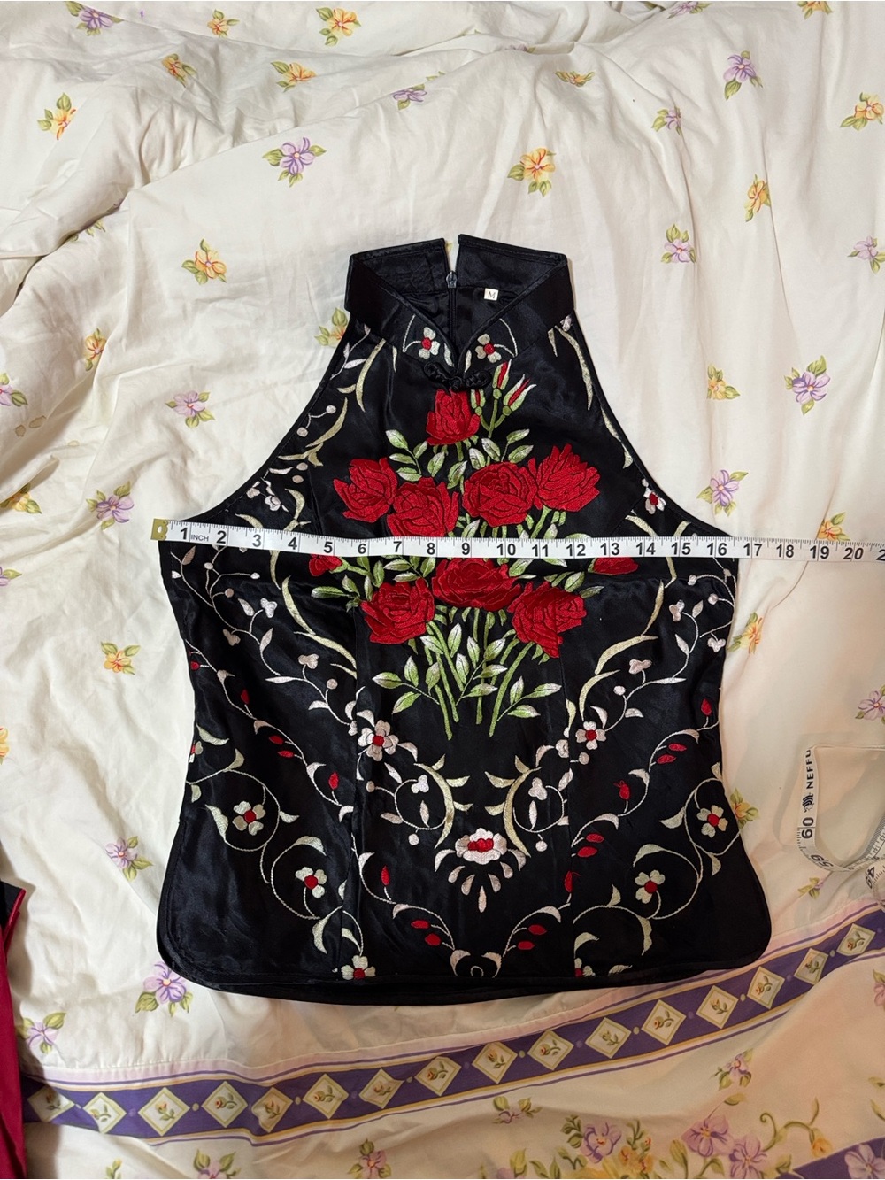 Black Satin Halter Top with Red Rose Embroidery